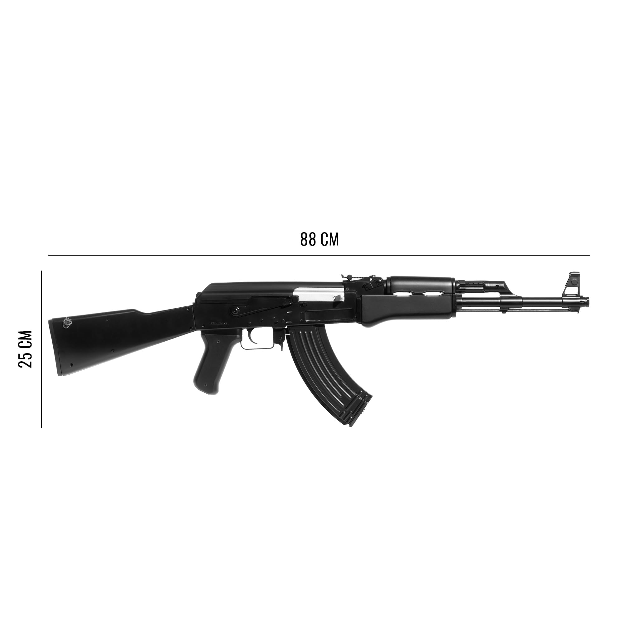 AK 47 softair elettrico stile legno, POTENZA 0,9 JOULE, raffica/singolo/sicura, caricatore 50 colpi, batteria Ni‑MH 7,2V + caricabatterie inclusi, 870mm 830g, 1000 pallini inclusi (Nero)