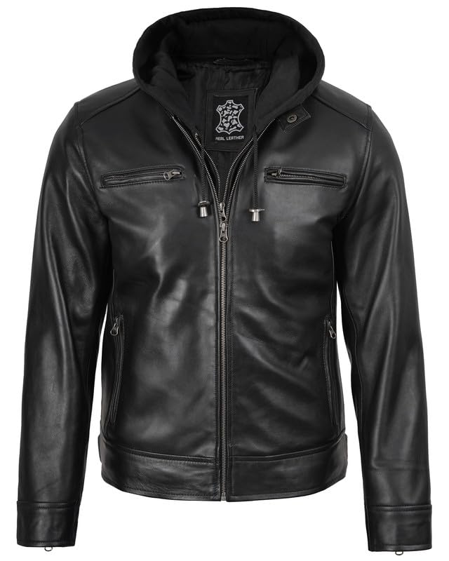Image of Decrum Men's Real Lambskin Leather Jacket with Hood | Hooded Style, Zip Closure, Exterior and Interior Pockets, Polyester Lining