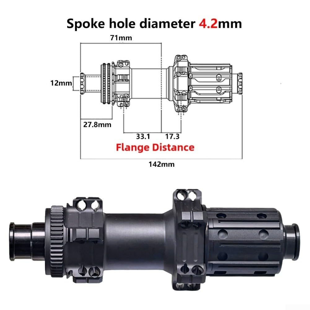 Honseadek Hub freno a disco con blocco centrale 24H 54T sistema a cricchetto, lega AL7075 per raggi dritti, mozzo posteriore 12 x 142 mm per bici da strada compatibile con dt (260TR-Ms)