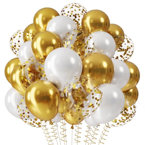 QIFU Ballons Doré Blanc, 12 Pouces Ballons Anniversaire Or Blanc Ballons Confetti Doré Pour EID Mubarak Ramadan Mariage Décoration Diplômé Anniversaire Fête Anniversair New Year Gender Reveal