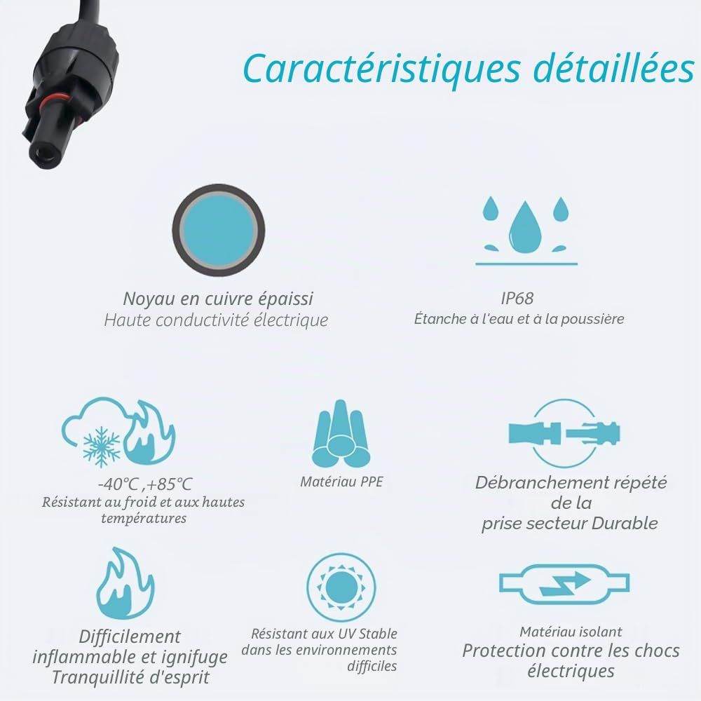 Rallonge de Câble Solaire Photovoltaïque 4 mm² 1/3/5/10/15/20 m - Câble de Connexion Avec Fiche étanche IP68, Classe de Tension 1500 V (4 mm²/20 m)