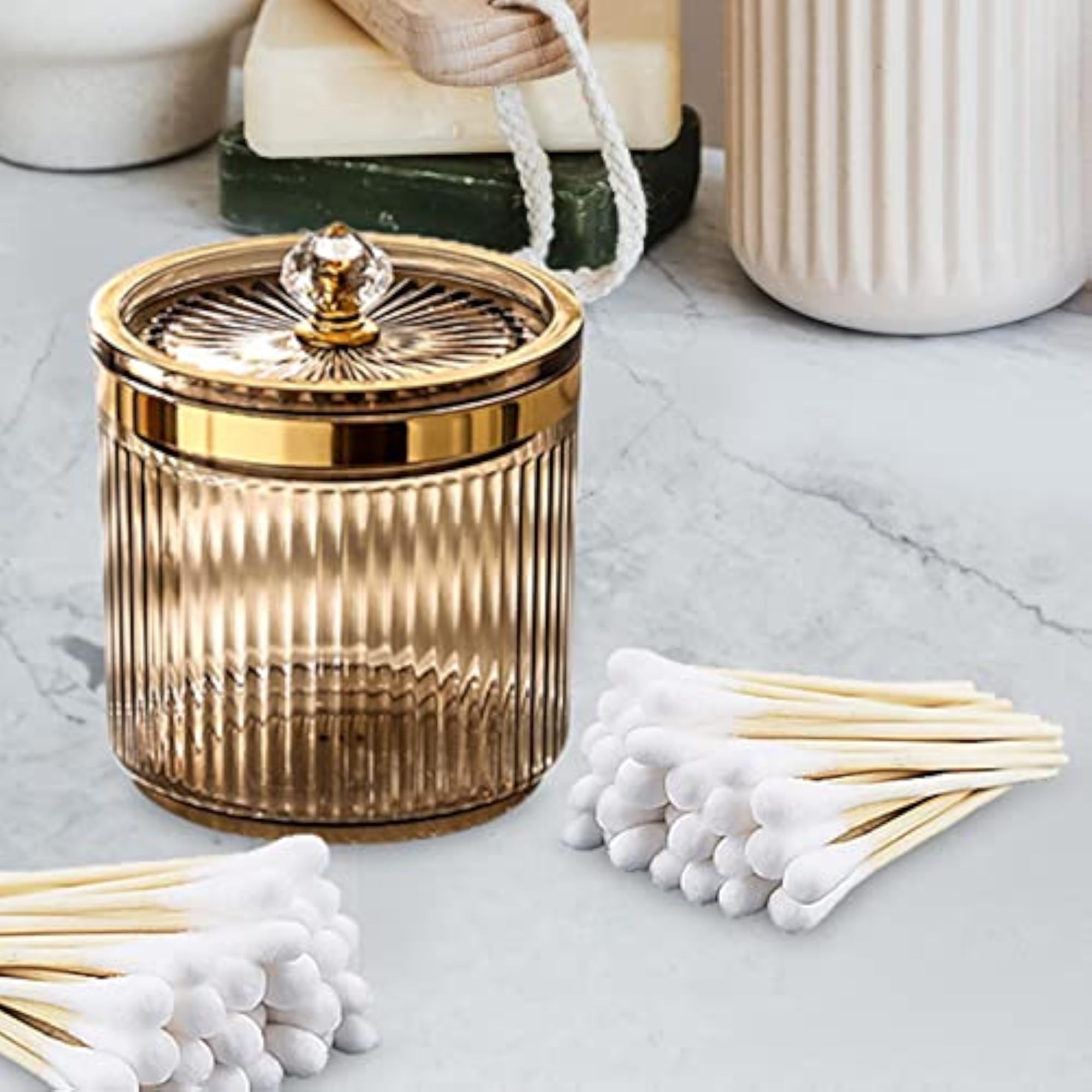 Makeup Cotton Swab Ball Holder Jar with Lid, Brown
