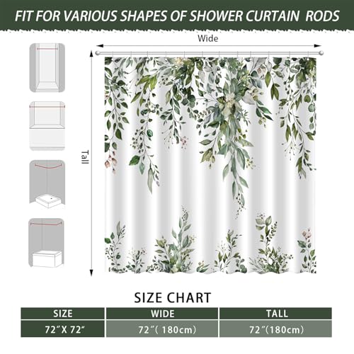 Image of Eucalyptus Shower Curtain, Abstract Aesthetic Art Watercolor Plant Leaves with Floral Bathroom Decor, Waterproof Fabric Cloth Bath Curtain Set with Hooks (Dark Green, 72x72 Inches)