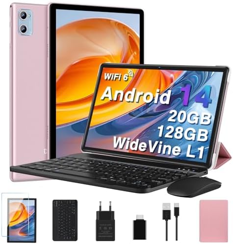 Tablette 10 Pouces Android , 20 Go RAM + 128 Go ROM (TF 2 To), Octa Core/ 5G+2,4G Wi-Fi 6/ Bluetooth 5.0/ 6000 mAh/ Widget/8 MP+5 MP/Widevine L1/GMS ,Tablette 2 en 1 avec Clavier et Souris - Or Rose
