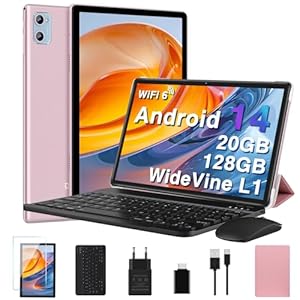 2026 Neuest Tablet 10 Zoll Android mit 20GB RAM + 128GB ROM (TF 2TB), Octa Core, 5G Wi-Fi 6, Bluetooth 5.0, 6000 mAh, Widget, 5MP + 8MP, Widevine L1, GMS Tablet 2 in 1 mit Tastatur und Maus - Gold