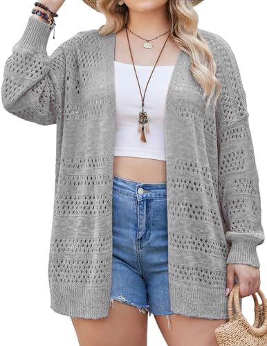 Image of IN'VOLAND Womens Plus Size Crochet Cardigan Lightweight Long Sleeve Open Front Oversized Boho Sweaters Kimonos
