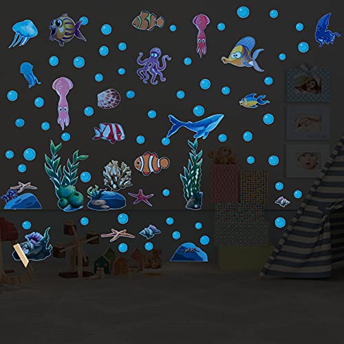 Alnicov 80 Stück leuchtende Unterwasser-Kreaturen Wandaufkleber Fische Seestern Muschel Wandornamente Wasserdicht Wandsticker Dekor für Home Office Wohnzimmer Wand Badezimmer WC (Luminous-Blue)