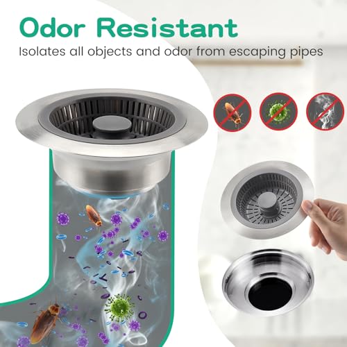 SAMODRA Upgraded 3 in 1 Kitchen Sink Strainer and Stopper, Stainless Steel Sink Drain Strainer Combo for Kitchen Sink, US Standard 3-1/2\'\' Drain, Anti-Clogging