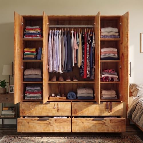 Image of FFO Kaveris 4 Door Wooden Wardrobe for Bedroom, Large Clothes Storage Cabinet with Hanging Space, Shelves, Drawer & Lock, Modern Wood Finish Almirah for Home, Bedroom & Living Room DIY.