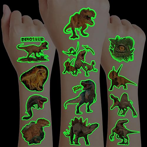 Image of 96 PCS Dinosaur 3D Pre-Cut Luminous Glow in the dark Temporary Tattoos | Super Cute Themed Birthday Party Favors, Supplies, Decorations, Funny Jungle Fake Tattoo, Gifts for Boys Girls