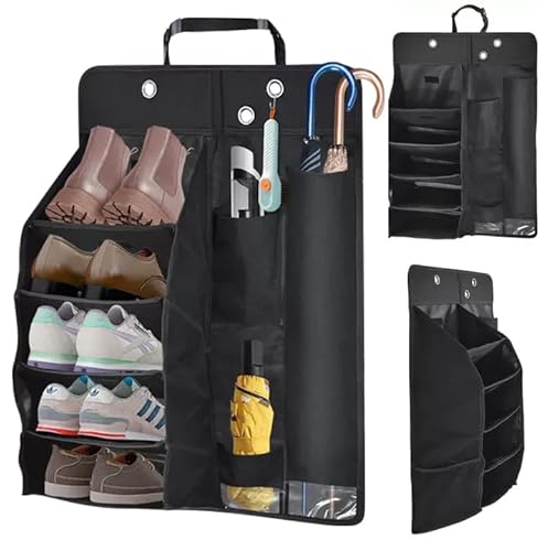 iKristin 車用マルチシューズラック&傘入れ カーシューズラック 5段 車用収納ラック靴入れ 傘立て 傘ホルダー 小物収納グッズ 大容量 下駄箱 折りたたみ式 車用収納ボックスハイエースやNV350など 多車種対応 梅雨対策 車中泊土足禁止(ブラック