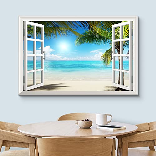 Wall26 Canvas Print Wall Art Window View Landscape Of Green Palm Beach Nature Wilderness Photography Modern Art Rustic Scenic Colorful Multicolor For Living Room, Bedroom, Office - 16"X24" #TOP2