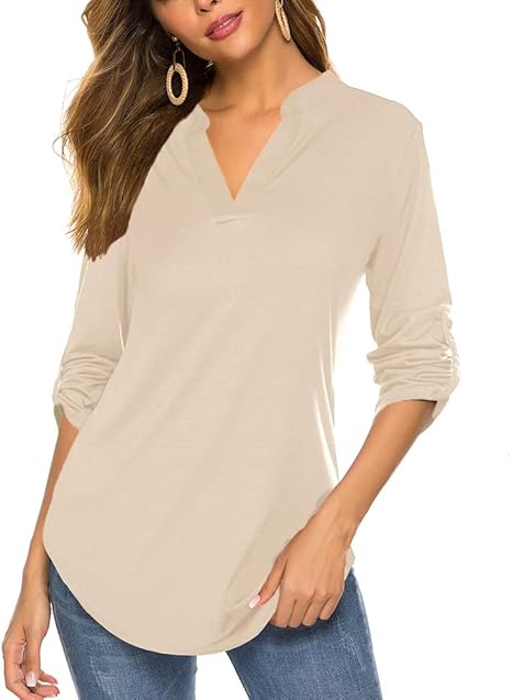 Halife Women's Roll Up 3/4 Sleeve Floral Print V Neck Tunic Blouses Tops Shirts