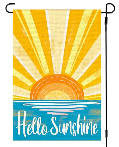 RABUSOFA Summer Garden Flag 12x18 Inch Double Sided Outside, Yellow Hello Sunshine Spring Classic Party Holiday Burlap Yard Outdoor Decoration