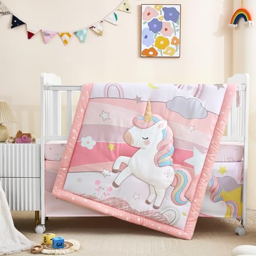 Image of 3-Piece Crib Bedding Set for Girls - Ultra Soft Baby Bedding Set Includes Crib Comforter, Sheet & Skirt (Unicorn)