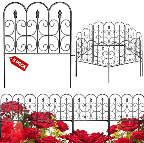 Idzo Heavy Duty Steel 32in x 10ft (5 Panels) Decorative Garden Fence, No Dig Decorative Fence, Rustproof Metal Garden Fence Border for Outdoor Yard Patio, Small Animal Barrier Fence for Dog Rabbit Pet