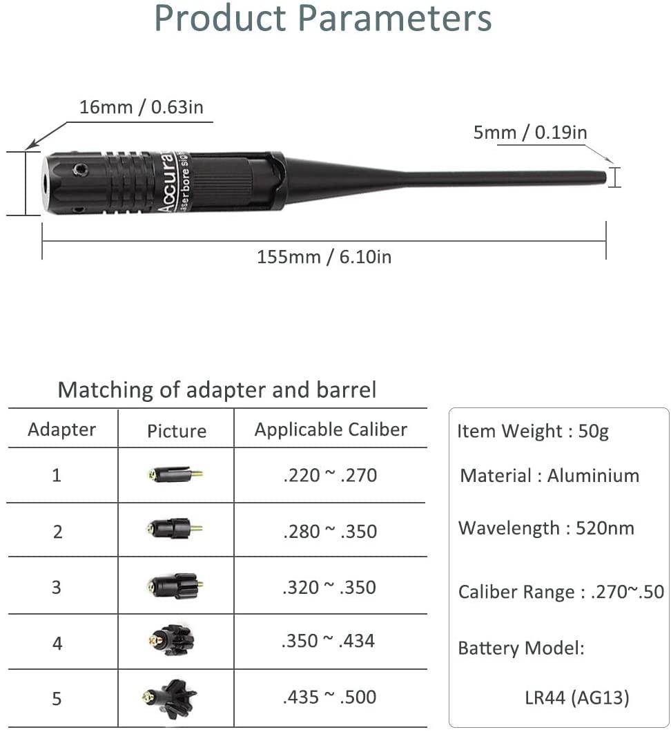 KinZon Bore Sighter Kit mirino laser per mirino rosso da 0,22 a 0,50 calibro 9 mm Accessori per mirino per pistola softair, caccia