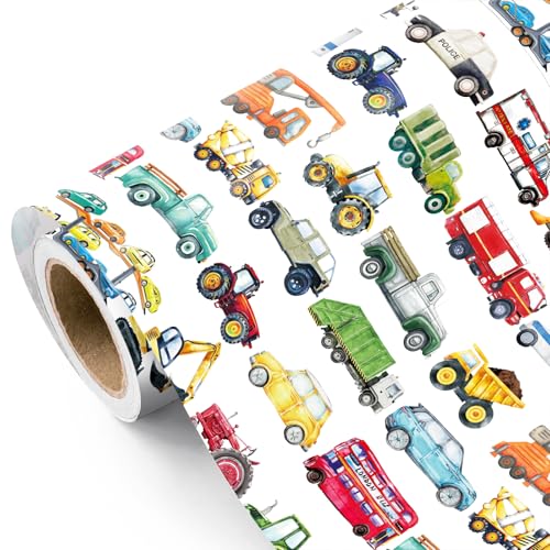 WRAPAHOLIC Construction Truck Wrapping Paper Roll - Mini Roll - 17 Inch x 16.5 Feet - Fun Trucks Diggers and Cars Wrapping Paper for Boys Kids Birthday Baby Shower