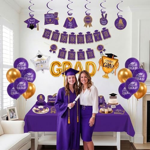 Image of Purple Gold Balloon Garland Arch Kit with backdrop Stars Graduation Cap crown GRAD Letters Mylar Balloons for 2026 graduate Prom Decorations