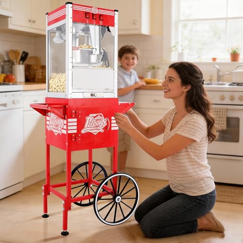 Image of 12oz Popcorn Machine with Cart, Commercial Popcorn Maker Candy Dispenser, Includes Scoop, Oil Spoon, Vintage Movie Theater Style Popper, Pop Corn Machine for Home Party, Movie Night (Red)