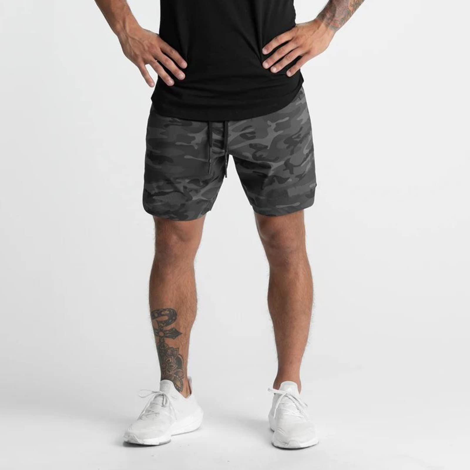 Herren Sport Shorts Kurze Hose Schnell Trocknend Sporthose Schnelltrocknende Laufshorts Gym Trainingsshorts Kurze Schnell Trocknend Reißverschlusstasche, Camouflage Grau