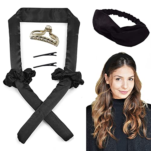 NLOOKS Heatless Hair Curler, No Heat Curling Rod Headband Hair Rollers Sleep In Silk Ribbon for Wave Hair with Hair Clips & hair bands, Hair Headband, No Heat Hair Tools Kit for Women(Black)