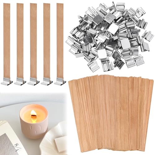 VZXZXE Lot de 100 mèches en bois pour bougies, avec support en fer, pour la fabrication de bougies DIY 13 x 130 mm