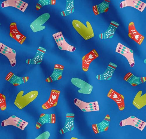 Image of Soimoi Blue Cotton Poplin Fabric Socks & Gloves Folk Art Print Sewing Fabric Meter 56 Inch Wide