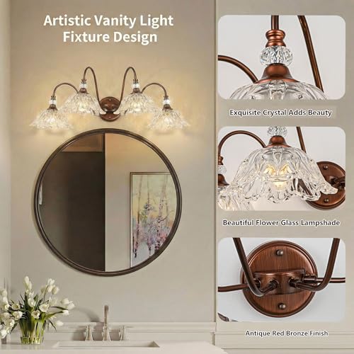 Image of Antique Red Bronze Finish Bathroom Vanity Light, 4-Light Vintage Vanity Light with Floral Clear Glass Shades, Retro Wall Mount Lighting for Bathroom, Dressing Table