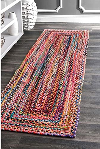 Image of Jute Braided Natural Hand Woven & Reversible Rug for Living Room Kitchen Entryway, Farmhouse Rustic Burlap Carpet Floor Mat (Cotton, 2X6-feet)