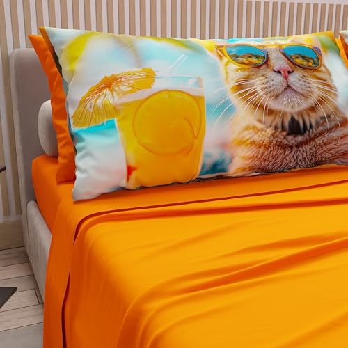 PETTI Artigiani Italiani - Parure de lit pour Animaux avec Chats en Coton avec taies d'oreiller en Impression numérique, draps pour lit Simple, lit Simple Orange, 100%...