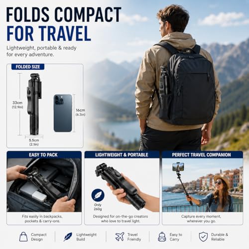 Image of HIFFIN H16 Creator Tripod Selfie Stick with Bluetooth Remote, 157cm Extendable Mobile Stand for Reels, Vlogging, YouTube & Travel Video Recording, Tripod Compatible with iPhone & Android