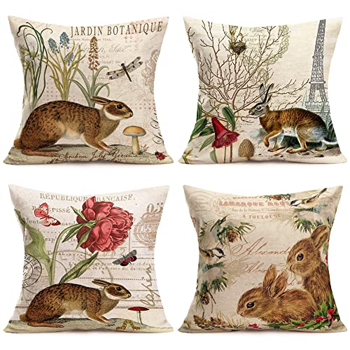 Sharej 4Pack Vintage French Rabbit Throw Pillow Cover Botanical Flower Mushroom Spring Decorative Cotton Linen Pillow Case Modern Home Decor Square 18X18 Inch Pillowcase (Retro Bunny) #TOP9