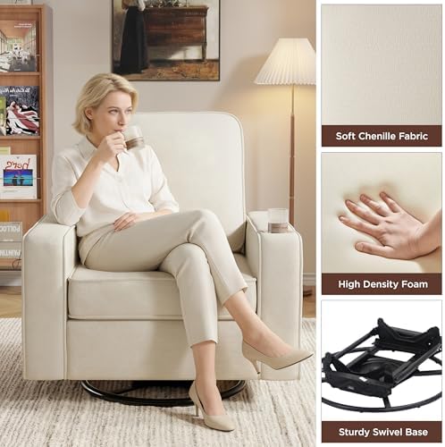 beige white swivel accent chair in reading nook with wide armrests