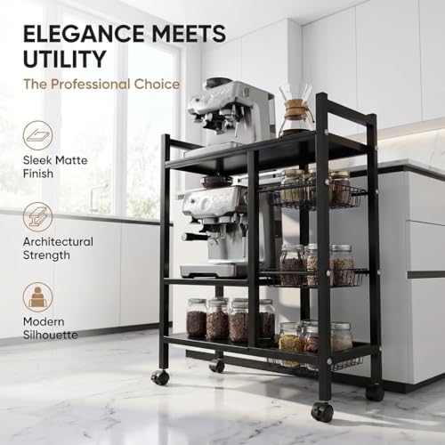 Image of COMFYHOME Kitchen Organizer Rack Shelf with Wheels - Adjustable 4-Tier Microwave Stand with Storage Shelves, Storage Rack with 3 Wire Baskets, Microwave Stand, Metal Kitchen Cart for Pantry