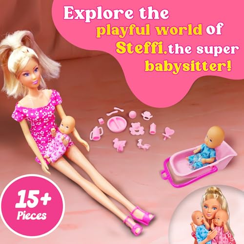 Image of Steffi Love Babysitter| Pretend Play Set for Girls| Doll Set with Babysitter & Two Babies| Dolls with 15+ Accessories & Baby Carriers| Ideal for Girls Age 3+