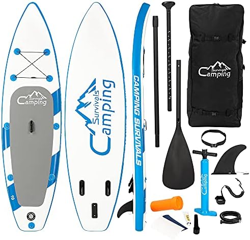 LeeMas 11 feet Inflatable Stand Up Paddle Board (6in Thick) w/Premium SUP Accessories & Carry Bag Bottom Fin for Paddling, Surf Control, Non-Slip Deck, White & Blue