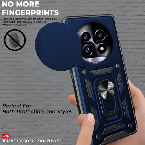 Image of AESTMO Tough Armor Compatible with Realme 13 Pro / 13 Pro Plus 5G Bumper Back Case Cover | Ring Holder & Sliding Camera Shield Cover | 360 Degree Protection Back Case Cover (Blue)
