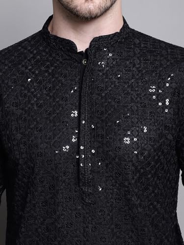 Image of Jompers Men's Geometric Sequin Embroidered Pure Cotton Kurta with Pyjamas Set