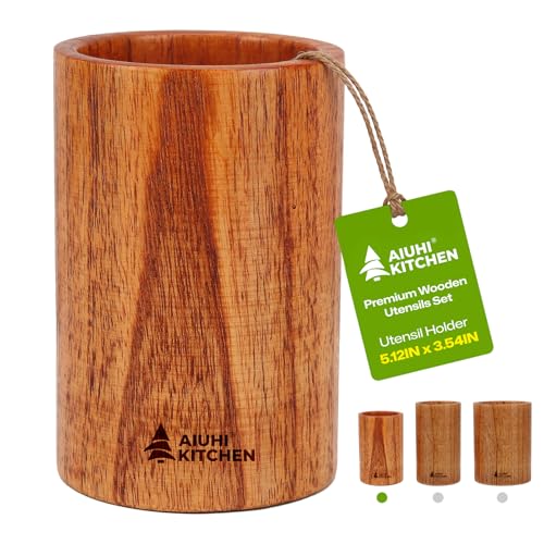 AIUHI Wood Utensil Holder for Kitchen Counter, Wooden Utensil Crock, Kitchen Utensil Organizer, 5.1"x 3.5" Large Spatula and Spoon Holders