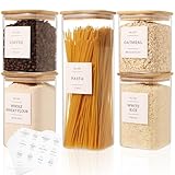 5 Pack Square Glass Pantry Storage Containers with 132 Kitchen Food Pantry Labels - Clear Glass Pantry Jars with Airtight Wood Bamboo Lids - Glass Canisters for Pasta, Cereal, Coffee, Flour, Sugar