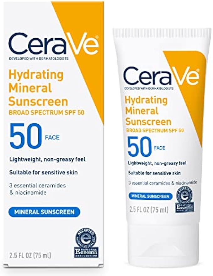 CeraVe 100% Mineral Sunscreen SPF 50 | Face Sunscreen with Zinc Oxide & Titanium Dioxide for Sensitive Skin | With Hyaluronic Acid, Niacinamide, and Ceramides | 2.5 oz