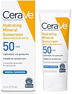 CeraVe 100% Mineral Sunscreen SPF 50 | Face Sunscreen with Zinc Oxide & Titanium Dioxide for Sensitive Skin | With Hyaluronic Acid, Niacinamide, and Ceramides | 2.5 oz