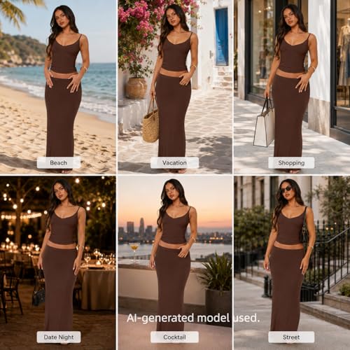 Image of Two Piece Skirt Set for Women - Sexy Sleeveless Spaghetti Strap Pleated Tank Top Maxi Long Skirts Sets
