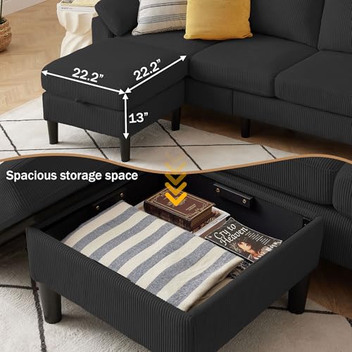 Image of 3 Pieces Corduroy Sofa Set for Living Room with Sofa, Storage Ottoman and Single Chair
