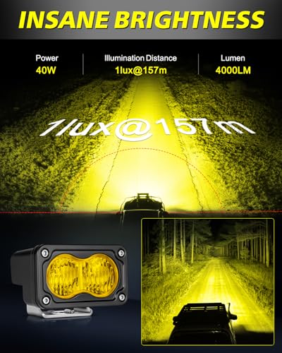 Image of 3 inch 40W Yellow Flood LED Pods with Wiring Harness & Black Covers | High Intensity CREE LEDs Yellow Fog Lights Small Chase Lights 2 Packs for Trucks Motorcycle SUV UTV ATV Dirt Bike