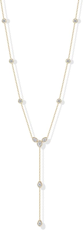 PAVOI Waterproof Lariat Long Necklaces for Women -14K Gold Plated Y Chain Lariat Necklace with Cubic Zirconia - Stainless Steel Drop Chain Trendy Jewelry