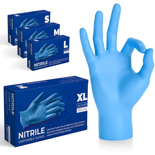 The Real Touch Einweghandschuhe, Blau Nitrilhandschuhe - Box mit 100 Stück, Einmalhandschuhe Puderfrei und Latexfrei, Nitril Handschuhe Einweg für Küche und Reinigung (Blau, XL)