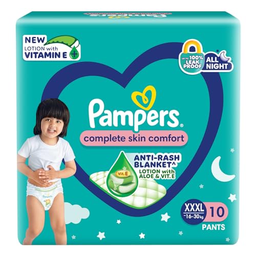 Image of Pampers Complete Skin Comfort Pants, Anti-rash blanket, Lotion with Vitamin E & Aloe Vera, Extra Extra Extra Large size baby diapers (XXXL) 10 Count, 16-30 kg