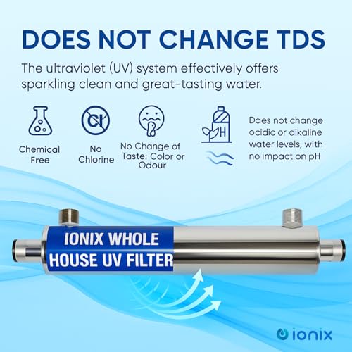 Image of IONIX Whole house UV filter, Uv Sterlizer for supply water | Stainless Steel-304 | upto 2000 Liters per hour filteration | Anti Bacterial | Virus killer for whole house, 1 piece, Silver